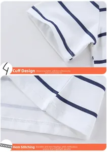 Detailed view of striped cotton knit sleeve cuff and hem with reinforced stitching