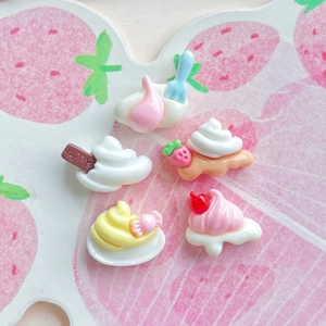 Set of 5 miniature resin dessert charms featuring macarons and cakes in pastel colors