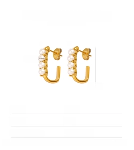 Detail view of gold U-shaped earrings with pearls including size and 2.8g weight data