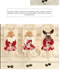 Detail of Christmas door hangers featuring Santa, snowman, and elk with small bells
