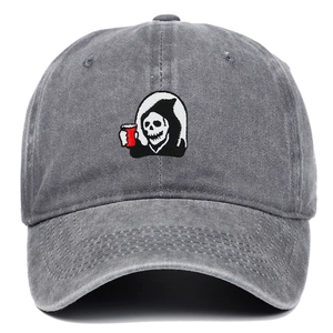 Faded grey washed cotton baseball cap featuring a grim reaper embroidery with a red cup