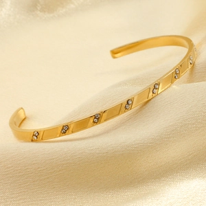 18k gold plated stainless steel C-shaped cuff bracelet with sparkling zircon accents