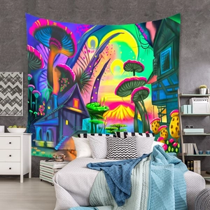 Detail of psychedelic mushroom tapestry featuring vibrant fantasy art and celestial night sky