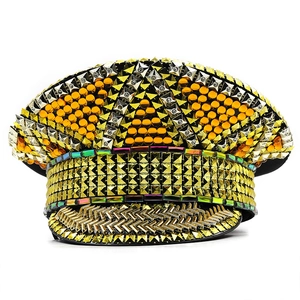 Golden bridal military hat with rhinestones and square studs for party rave event