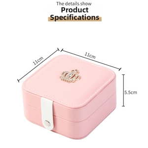 Pink jewelry box dimensions detail showing 11x11x5.5cm size with crown ornament