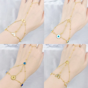 Hand Harness Slave Bracelet With Ring Gold Plated Stainless Steel Butterfly Star Heart Evil Eye Shell Artificial Pearl Jewelry Women