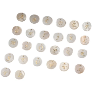Set of 26 freshwater shell alphabet charms with gold letters for jewelry making