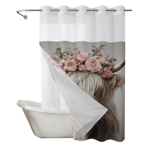 Waffle fabric shower curtain with highland cow and rose floral print for bathroom