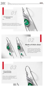 Macro details of teardrop emerald threader earrings in S925 sterling silver craftsmanship