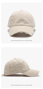Détails de déchirures usées sur une casquette de baseball en coton délavé beige vintage