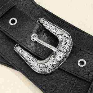 Vintage wide elastic waist belt with silver carved buckle for women dresses and coats