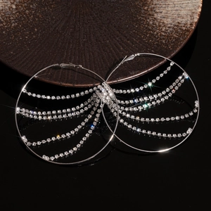 Sparkling crystal tassel hoop earrings for women with a glamorous silver finish and rhinestones