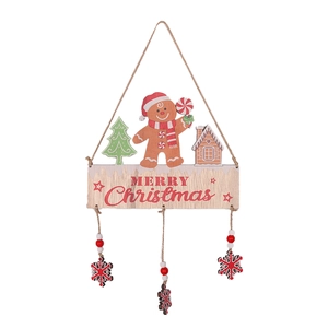 Detail of wooden Merry Christmas hanging ornament with gingerbread man and tree