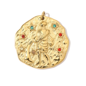 Detailed close-up of 18K gold-plated zodiac coin pendant with colorful zircon stones