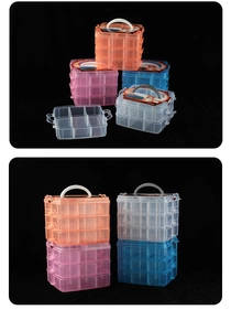 Detailed view of stackable clear storage box with handles and multiple compartments