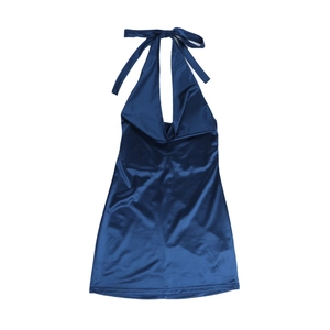 Detail of a deep blue satin halter neck dress featuring silky fabric and open-back cut