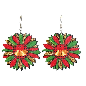Christmas sunflower earrings with red, green, and leopard print petals and gold bell design