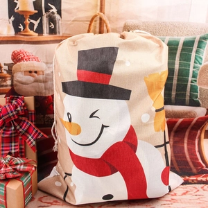 Christmas burlap drawstring gift bag featuring cartoon snowman print for festive holiday favors
