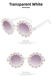 Front and side views of transparent white daisy flower sunglasses for kids with purple lenses