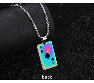 Detail view of iridescent ace of spades card pendant on a box chain back angle