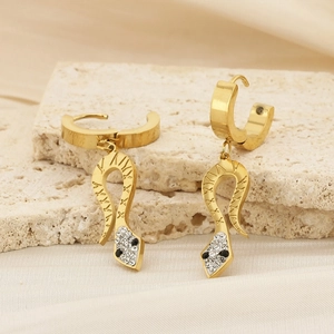 Golden snake pendant earrings with rhinestones on stone background, 18K gold plated design