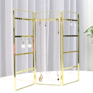 Three-panel gold metal folding screen jewelry organizer for earrings and necklaces