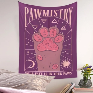 Purple Pawmistry cat tapestry wall hanging with astrology moon and star patterns