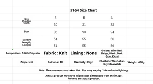 Detailed size chart for women's double-breasted knit cardigan with fabric specifications