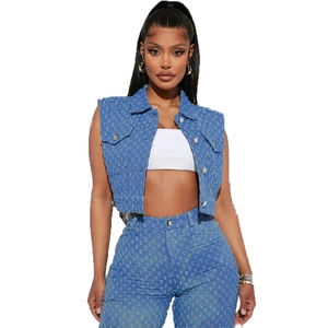 Trendy blue denim two-piece set with distressed vest and matching high-waisted pants