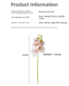 Detailed dimensions of 5-head artificial Phalaenopsis orchid with silk material