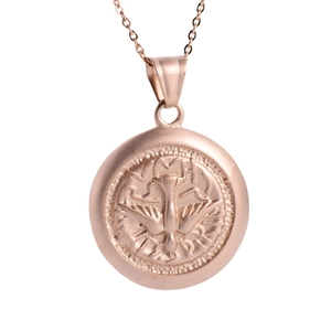 Vintage rose gold stainless steel round necklace featuring a peace dove bird pendant