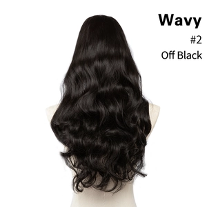Rear view of long wavy synthetic hairpiece in off-black shade showing texture