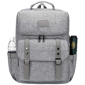 Detailed view of grey Oxford backpack with magnetic buckle straps and side pockets