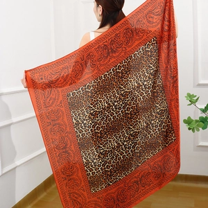 Leopard and paisley print square scarf in red and brown, large wrap for women