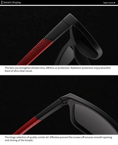 Detail of matte black sunglasses frame with red honeycomb texture and CE mark