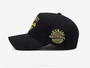Detailed close-up of high-density cotton baseball cap with yellow embroidery on side