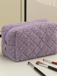 Japanese style purple fleece pencil case with quilted pattern and large capacity