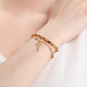 Double-layer 18K gold plated stainless steel bracelet with cross and bead charms