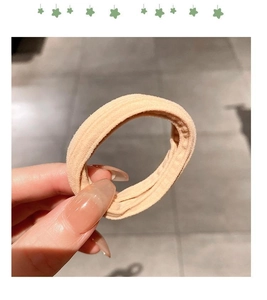 Detail of beige ribbed high-elasticity hair tie held by hand showing durable fabric texture