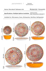 Detailed size chart for Bohemian ceramic plates and bowls with mandala patterns