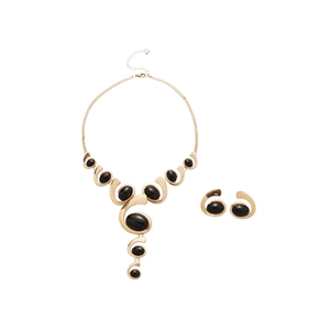 Golden oval black gemstone jewelry set featuring a fringe necklace and matching earrings