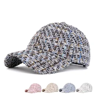 Stylish tweed baseball cap for women featuring chic multi-color woven textures in various shades