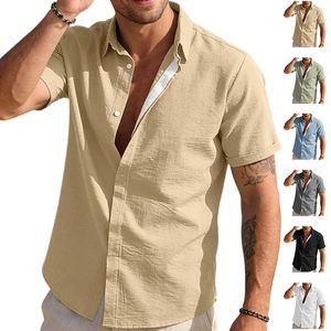 Men's Short Sleeve Shirt Viscose Linen Blend Solid Color Casual Button Down Summer Beach Breathable Slub Texture Top