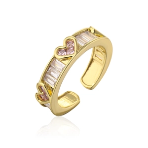 Detail of 18K gold plated open ring with pink heart zircons and rectangular crystals