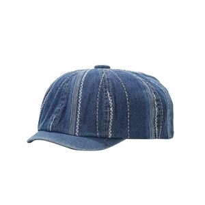 British retro dark blue denim newsboy cap with vertical stripe texture and short brim