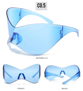 Three-view display of Y2K rimless sports sunglasses in transparent blue finish