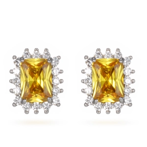Elegant emerald-cut yellow gemstone stud earrings with a halo of white zircon in silver