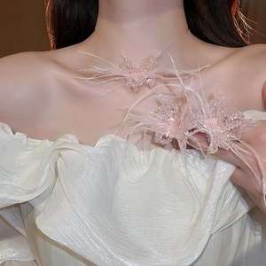 Detail of pink feather and crystal beaded butterfly necklace on model's neck