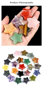 Macro view of polished star-shaped natural crystals and assorted gemstones in multiple colors