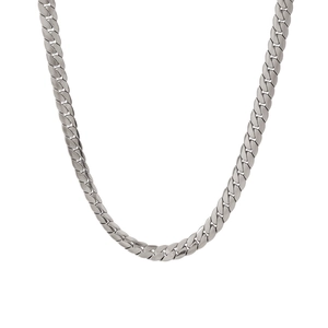 Polished silver stainless steel Cuban link chain necklace on a white background